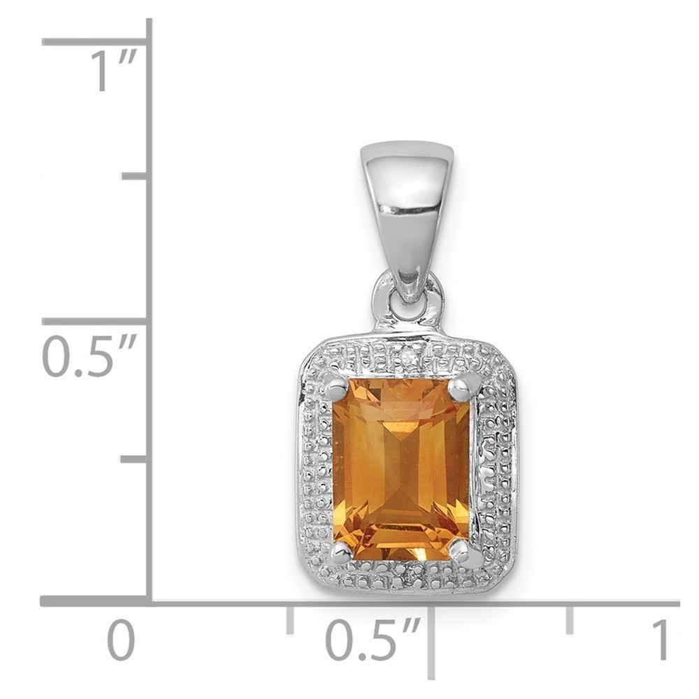 925 Sterling Silver Rhodium Emerald-cut Citrine & Diamond Charm Pendant - Picture 3 of 4